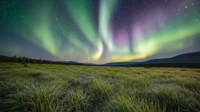 The breathtaking aurora borealis shines brightly over a vast green grass field at dusk.