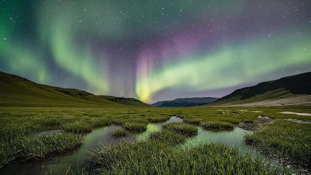 The breathtaking aurora borealis shines over a serene green landscape with grass and hills reflecting on a peaceful stream at night.