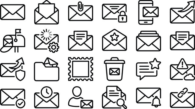 Electronic mail and online newsletter communication icon set for business messaging digital notifications and website user interface graphics design