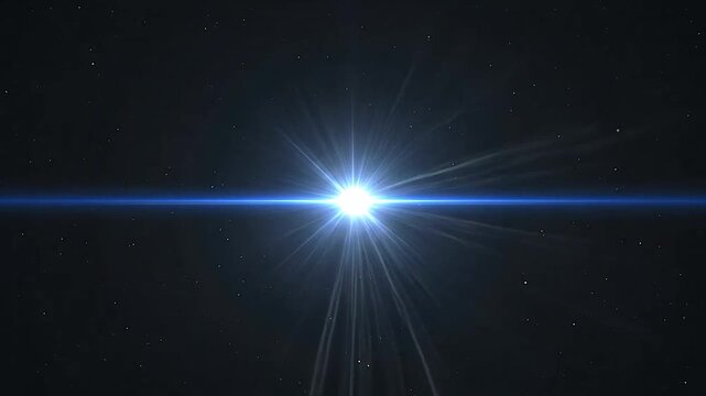 Bright blue star shining in the dark deep space with lens flare