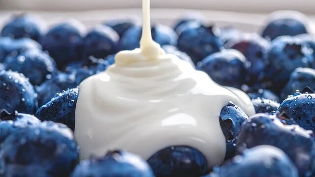 Creamy white yogurt pouring over fresh ripe blueberries