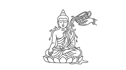 Obraz premium Line art illustration of a hand pouring water over a seated Buddha statue.