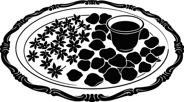 A decorative silver platter featuring a cup of coffee surrounded by star anise and coffee beans.