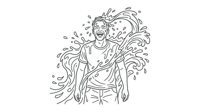 Line art illustration of a happy man being splashed with water.