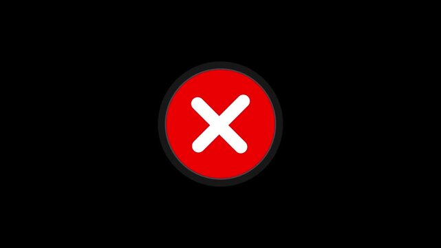 Animated wrong mark red icon appearing. Red button with white cross symbol as graphic animation loop icon.
