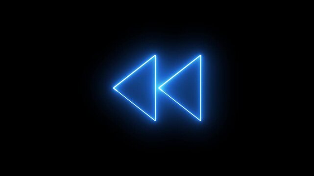 Neon blue rewind symbol icon glowing against dark black background.