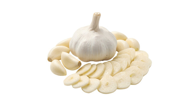 Fresh Garlic Bulb, Peeled Cloves, and Slices Isolated on Transparent Background