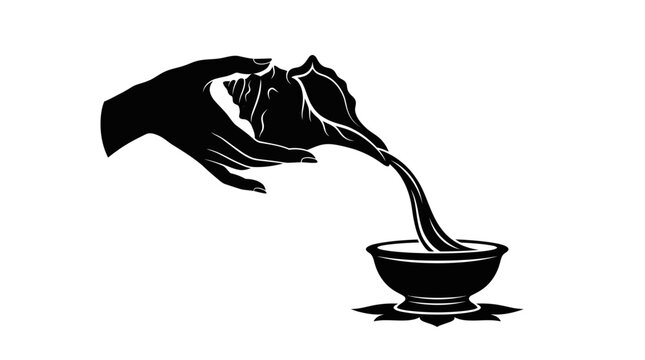 A black and white illustration of a hand pouring water from a conch shell into a bowl.