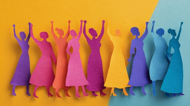 Vibrant paper silhouette collage of diverse women in bold colors symbolizing unity, empowerment, inclusion and equality, inspiring representation of female strength, solidarity and social progress for