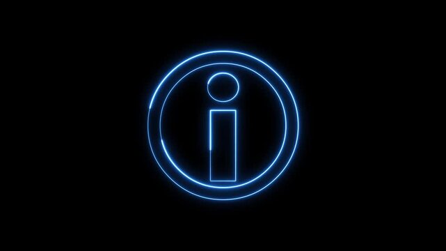 Neon blue information icon pulsating on a solid black background.