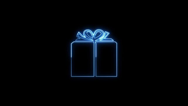 Neon blue outline of christmas gift box pulsing on black background.