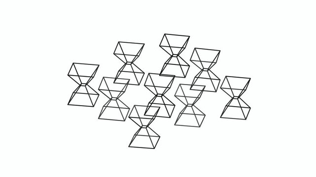Wireframe pyramid geometry structures ascend and descend in a balanced composition. Ideal for modern technology presentations and abstract digital interface design