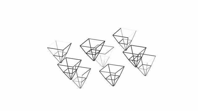 Geometric wireframe pyramids float and rotate in clean space. Ideal for tech presentations and abstract digital UI UX design
