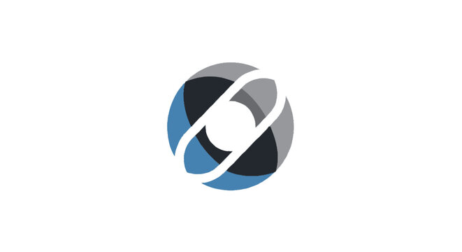 Abstract circular geometric logo design with overlapping blue and grey shapes.