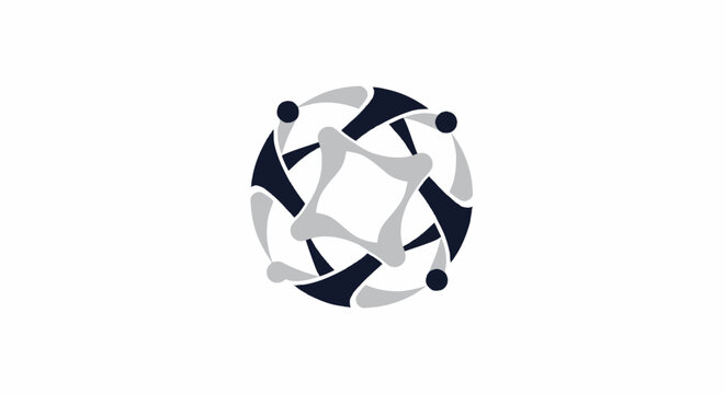 Abstract circular logo representing teamwork unity and community connection with stylized human figures.