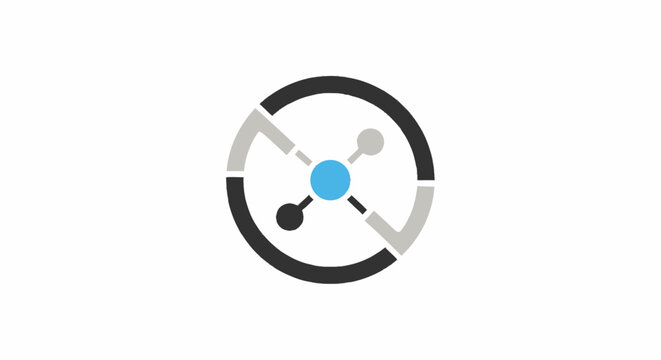 Abstract circular technology network logo icon with central blue node and connecting lines.