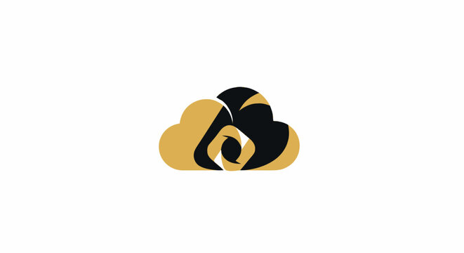 Abstract cloud camera lens logo design in gold and black colors.