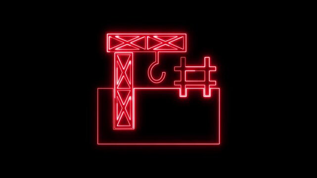 Neon construction crane icon glowing against black background loop.