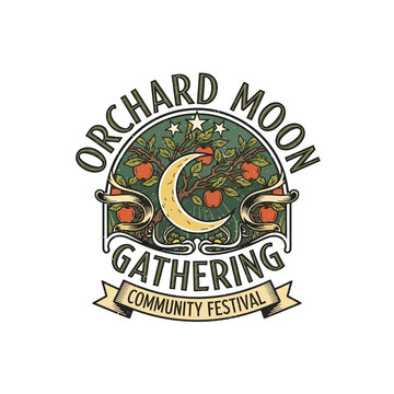 Vintage orchard moon gathering community festival badge emblem design.