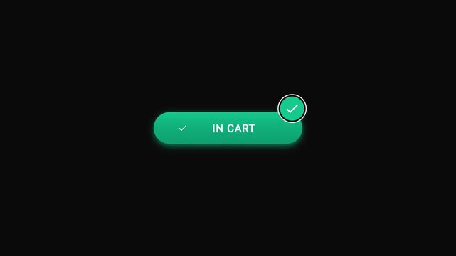 Mobile call to action button tap animation with amber gold pill, price tag glyph, cursor press and emerald in cart checkmark, 4K luma key overlay