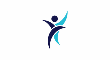 Naklejka premium Abstract human figure logo representing health wellness fitness and success in blue colors.
