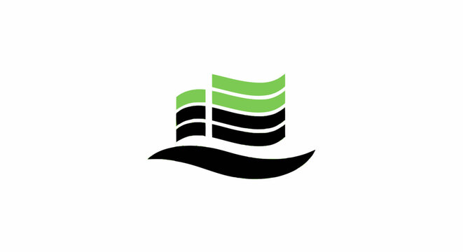 Abstract green and black building logo icon representing sustainable architecture and eco friendly real estate development.
