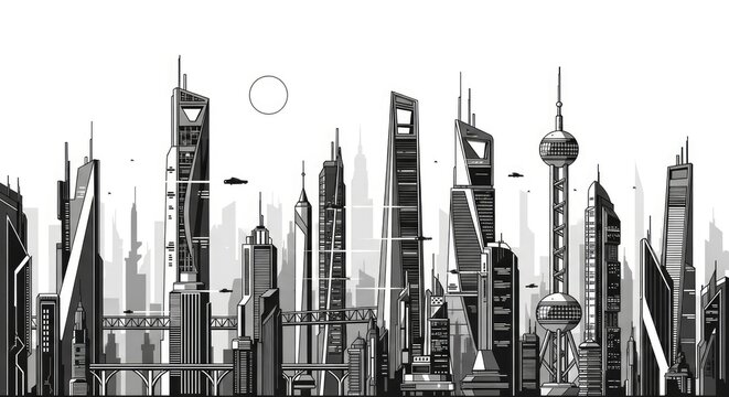 Futuristic skyscraper city skyline illustration.