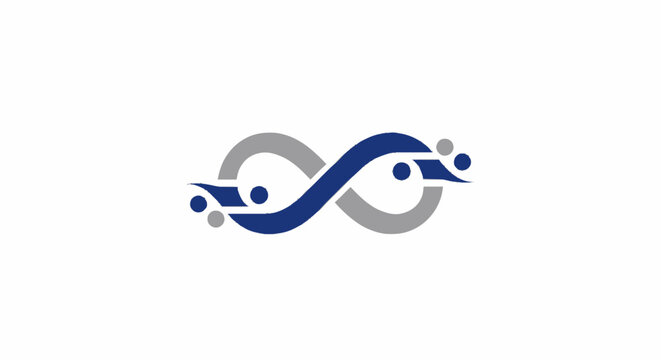 Abstract infinity loop logo design with blue and grey swooshes and dots representing connection and technology.