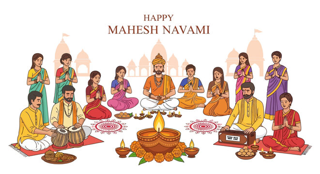 A joyous gathering celebrating happy Mahesh Navami with devotional music and offerings, honoring Lord Shiva