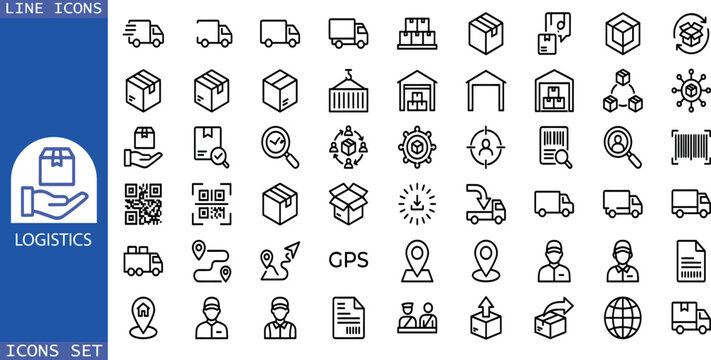 Logistics icon set. Containing distribution, shipping, transportation, delivery, cargo, freight, route planning, supply chain, export, and import icons