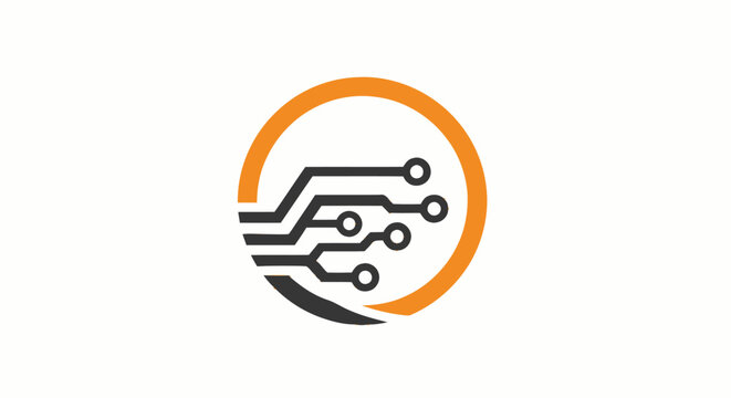 Abstract technology logo design featuring circuit board lines inside a circular orange and black frame.
