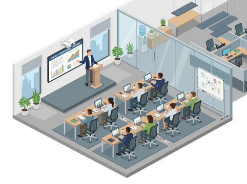 Business people attending corporate workshop in isometric office