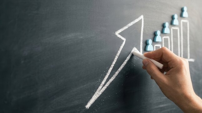 A hand using chalk to draw an arrow and bar graph on a blackboard to symbolize productivity.