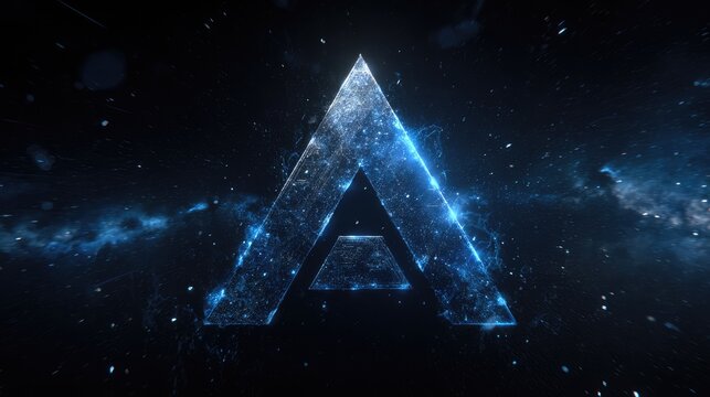 Glowing blue cosmic letter A in outer space.
