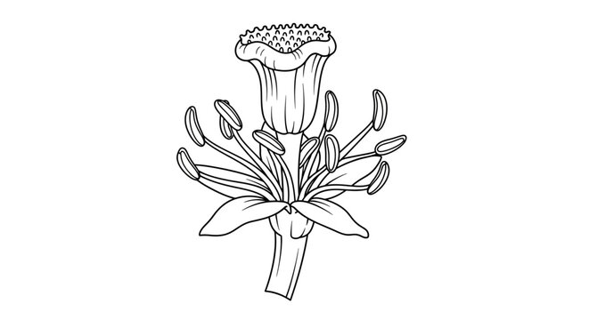 Botanical line drawing of a trumpet-shaped flower with stamens and sepals