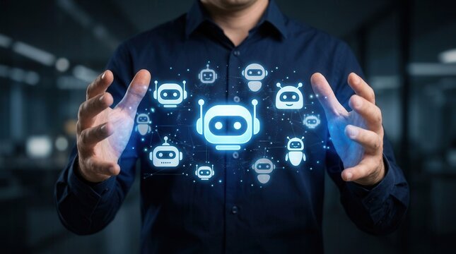 A professional businessman controlling a multi-agent AI system through composite AI and orchestration.