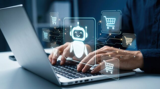 Person operating a laptop to manage AI agent tasks for online shopping and digital booking.