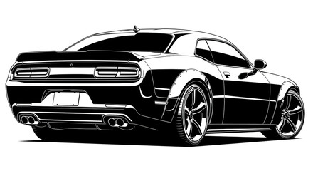 Fototapeta premium Modern sports muscle car rear view illustration in high contrast black and white vector style