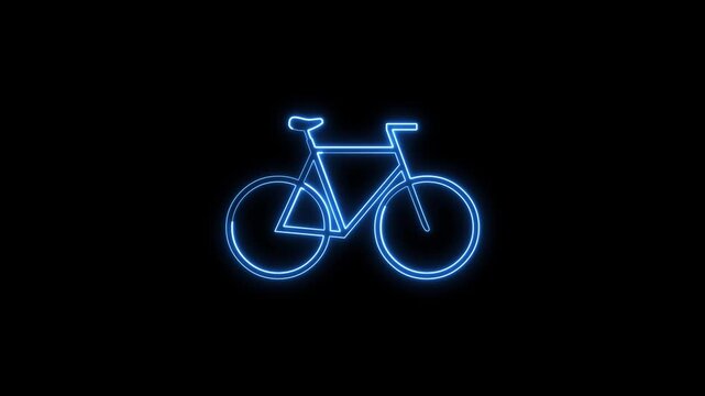 Neon bicycle icon glowing blue against deep black background clip.