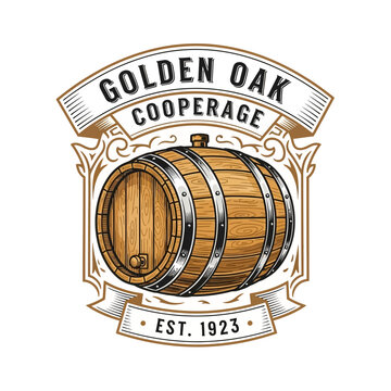 Vintage wooden barrel logo for Golden Oak Cooperage established in 1923.