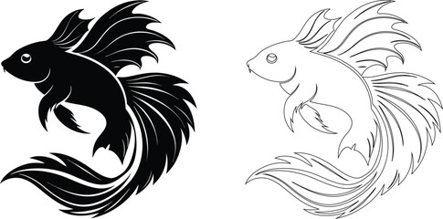 Fototapeta premium Black and white of a swimming betta fish with flowing fins, shown as a solid black silhouette and a matching line outline