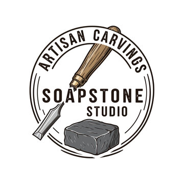 Woodworking chisel and stone block logo for artisanal carving studio.