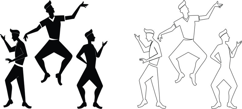 Set of three figures in casual clothing dancing with expressive gestures, black silhouettes and white outlines on a white background