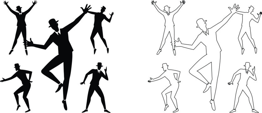 Men in suits and bowler hats dancing in various poses, presented as solid black silhouettes and matching white line