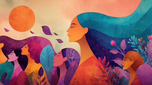 Female diversity. Human rights, equal opportunity concept. A vibrant illustration depicts a group of women in a serene and contemplative pose. The style is modern and abstract.