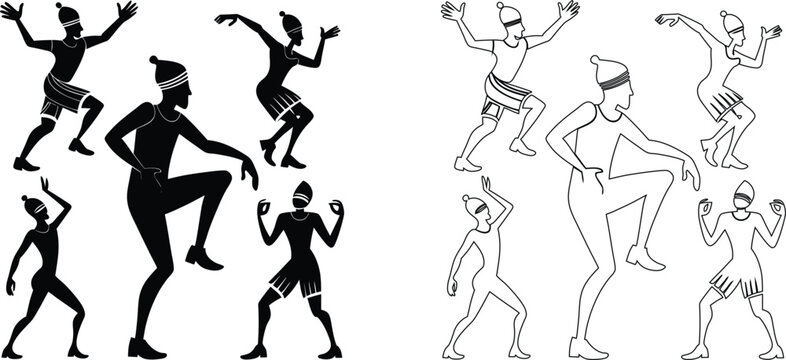 Black silhouettes and white outlines of five figures in hats and shorts, performing various dance steps and poses, isolated on white