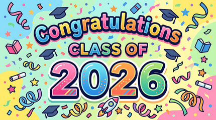 Naklejka premium Celebratory graphic congratulating the graduating class of 2026 with colorful text and festive decorations for academic
