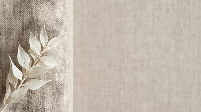 Top view of a dried white ruscus leaf branch on a folded beige linen fabric texture background minimalist aesthetic concept with copy space