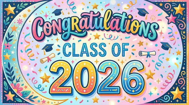 Vibrant and festive graduation celebration graphic emphasizing class of 2026 achievements and future success with colorful themes