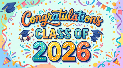 Naklejka premium Bright and festive celebration poster for graduating students of the class of 2026 with colorful confetti and graduation caps